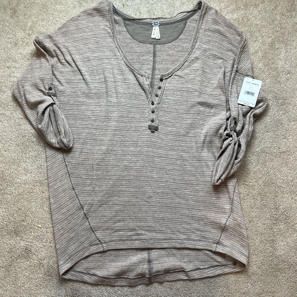 Free People Henley Top Large We The Free Oversized Boho Taupe Slub Knit NWT